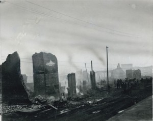Ruins of Citizen National Bank looking northeast from N.P. Avenue after the Fargo, N.D. fire of 1893