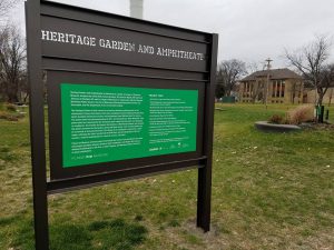 Current sign at the new Heritage Gardens on the former power plant site. Photo by Kaci Johnson.